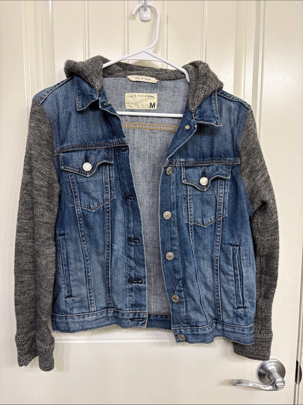 rag & bone Blue Denim Hooded Jacket with Gray Wool Sleeves